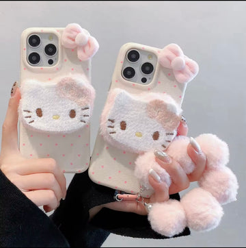 ✨ Cute 3D Kitty Plush Phone Case 🐱💖 – Soft Fuzzy Protective Cover with Pink Bow 🎀 for iPhone Series