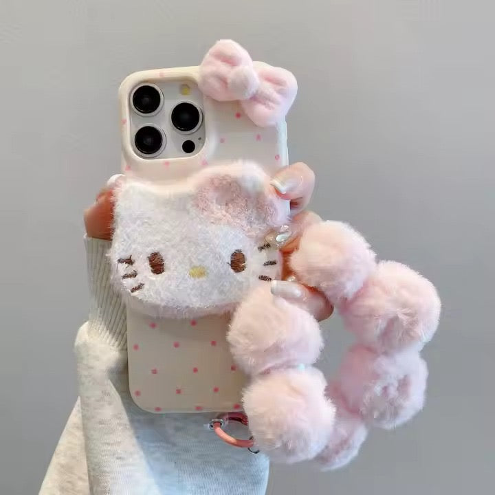 ✨ Cute 3D Kitty Plush Phone Case 🐱💖 – Soft Fuzzy Protective Cover with Pink Bow 🎀 for iPhone Series