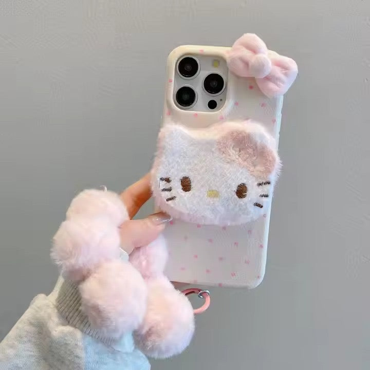 ✨ Cute 3D Kitty Plush Phone Case 🐱💖 – Soft Fuzzy Protective Cover with Pink Bow 🎀 for iPhone Series