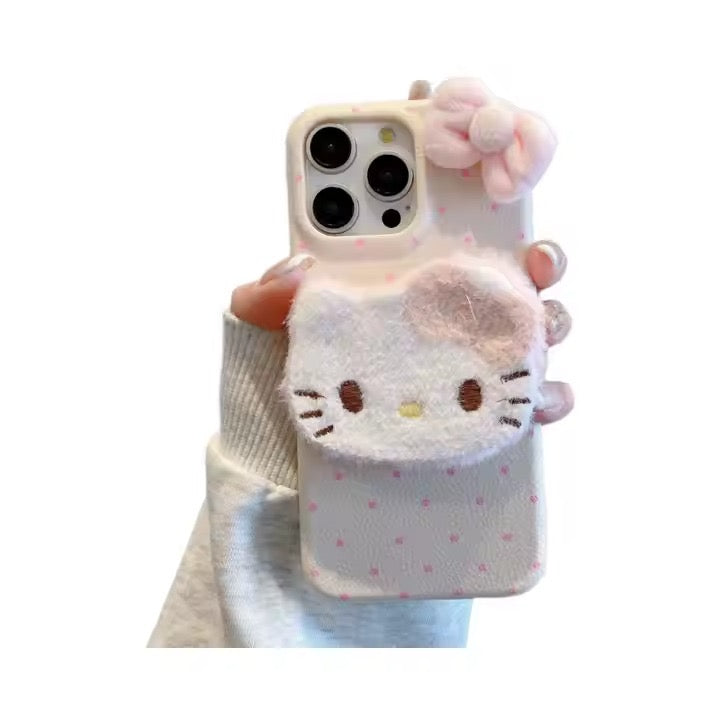 ✨ Cute 3D Kitty Plush Phone Case 🐱💖 – Soft Fuzzy Protective Cover with Pink Bow 🎀 for iPhone Series