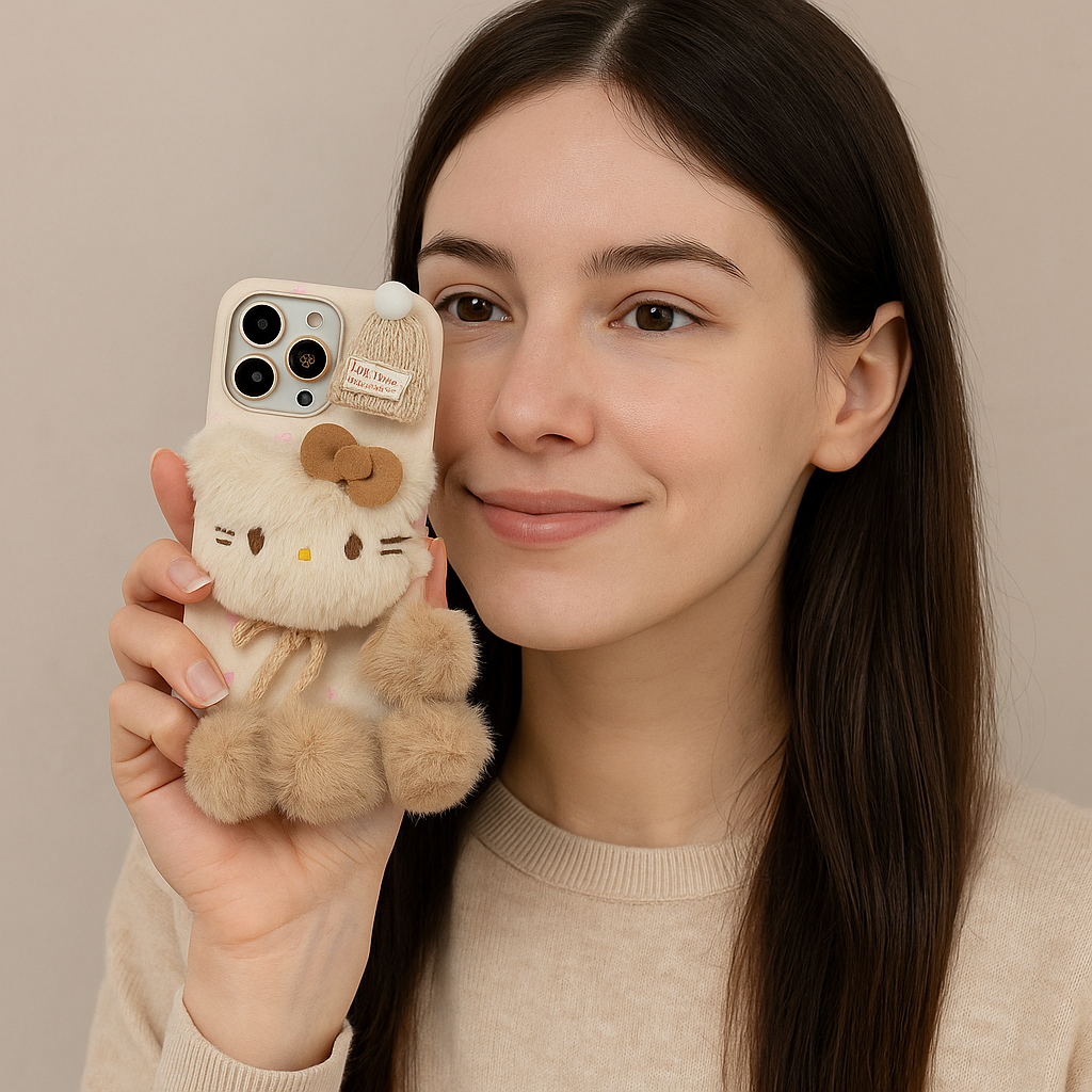 ✨ Plush Kitty Winter Charm Phone Case 🐱❄️📱 with Cozy Pom-Pom Bracelet 🎀🧸