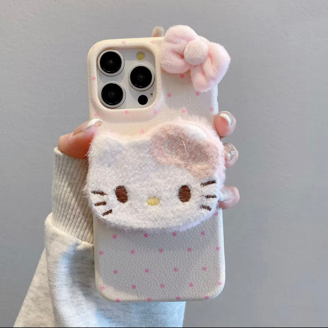 ✨ Cute 3D Kitty Plush Phone Case 🐱💖 – Soft Fuzzy Protective Cover with Pink Bow 🎀 for iPhone Series